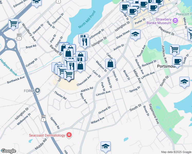 map of restaurants, bars, coffee shops, grocery stores, and more near 220 Cass Street in Portsmouth