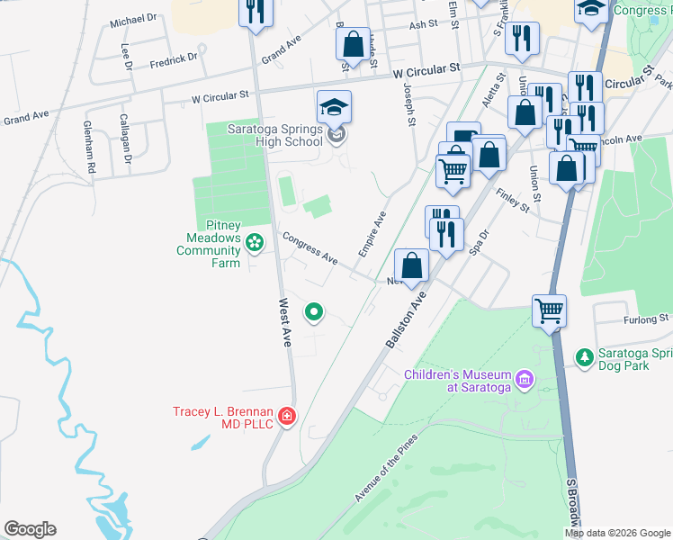 map of restaurants, bars, coffee shops, grocery stores, and more near 7B Congress Avenue in Saratoga Springs
