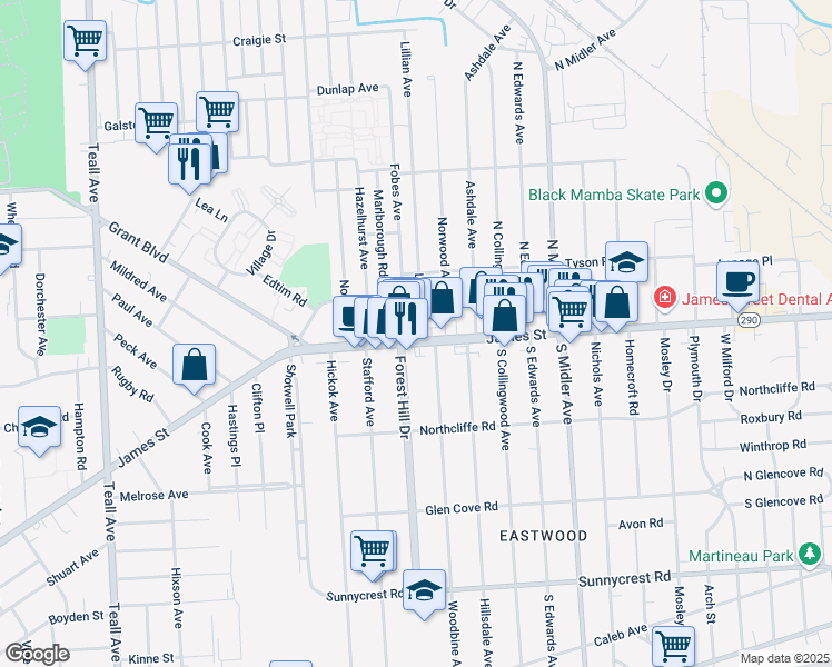 map of restaurants, bars, coffee shops, grocery stores, and more near 122 Marlborough Road in Syracuse