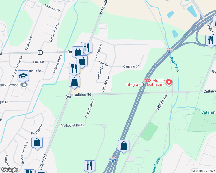 map of restaurants, bars, coffee shops, grocery stores, and more near 43 Palo Alto Drive in Rochester