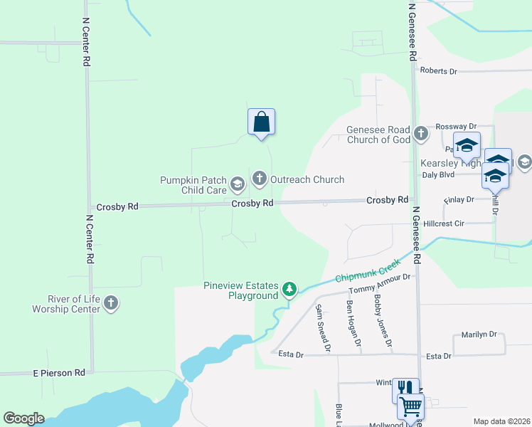 map of restaurants, bars, coffee shops, grocery stores, and more near 4308 Crosby Road in Flint