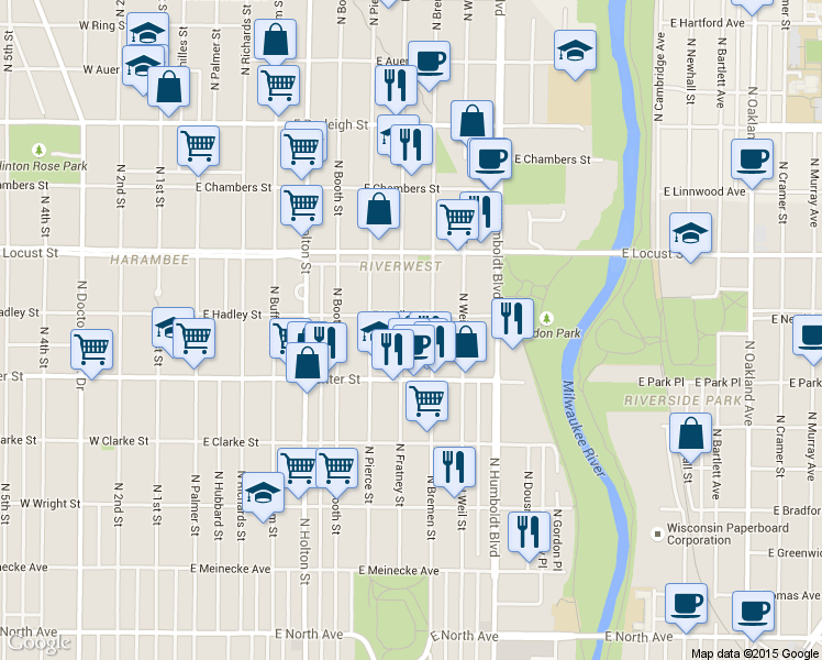 map of restaurants, bars, coffee shops, grocery stores, and more near 2802 North Fratney Street in Milwaukee