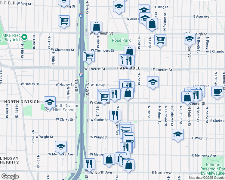 map of restaurants, bars, coffee shops, grocery stores, and more near 2821 Vel R. Phillips Avenue in Milwaukee