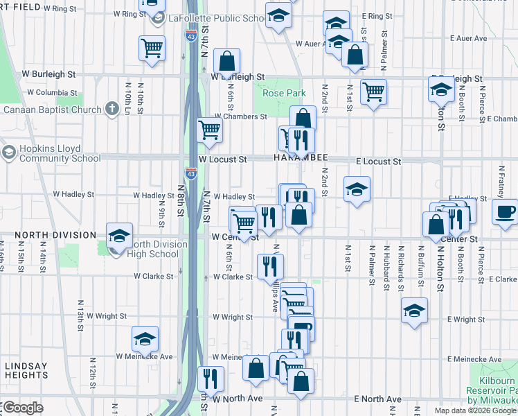 map of restaurants, bars, coffee shops, grocery stores, and more near 2821 Vel R. Phillips Avenue in Milwaukee