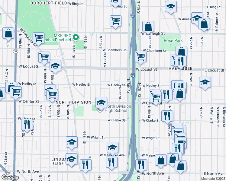 map of restaurants, bars, coffee shops, grocery stores, and more near 1004 West Hadley Street in Milwaukee