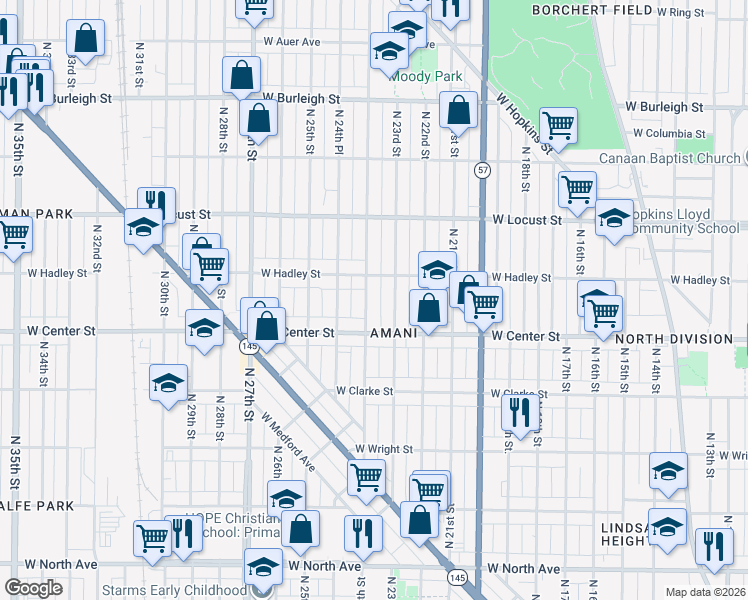 map of restaurants, bars, coffee shops, grocery stores, and more near 2776 North 24th Street in Milwaukee