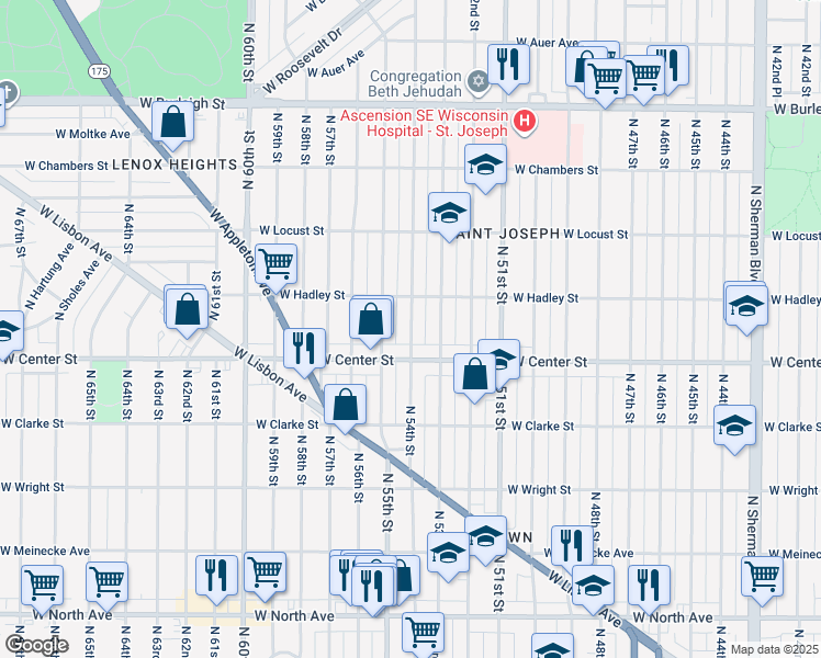 map of restaurants, bars, coffee shops, grocery stores, and more near 2763 North 54th Street in Milwaukee
