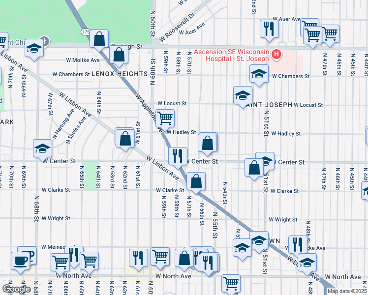 map of restaurants, bars, coffee shops, grocery stores, and more near 2766 North 57th Street in Milwaukee