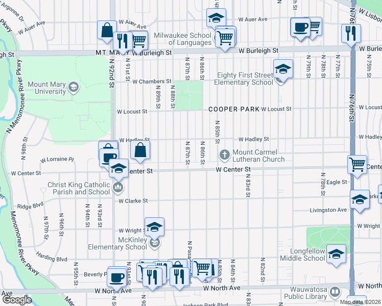 map of restaurants, bars, coffee shops, grocery stores, and more near 2773 North 87th Street in Milwaukee