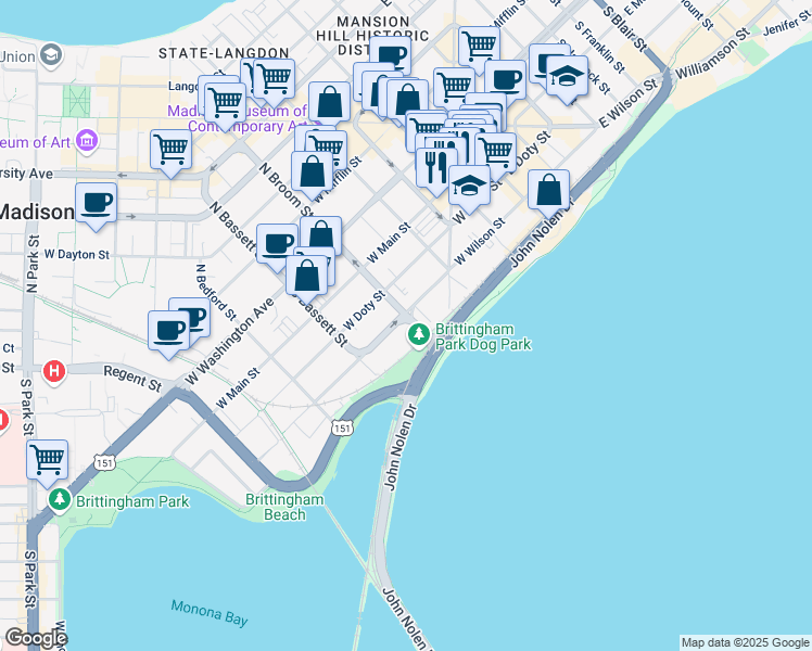map of restaurants, bars, coffee shops, grocery stores, and more near 215 South Broom Street in Madison
