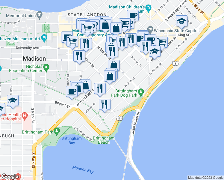 map of restaurants, bars, coffee shops, grocery stores, and more near 41 South Bassett Street in Madison