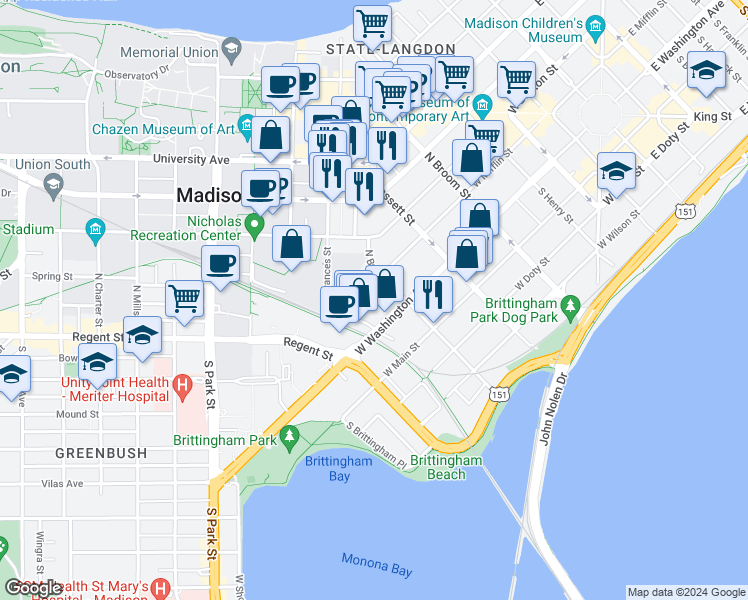 map of restaurants, bars, coffee shops, grocery stores, and more near 640 West Mifflin Street in Madison