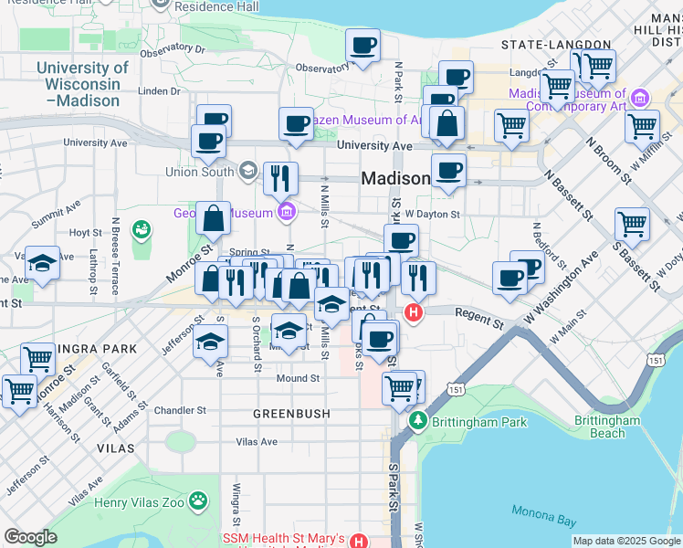 map of restaurants, bars, coffee shops, grocery stores, and more near 1 Gerry Court in Madison