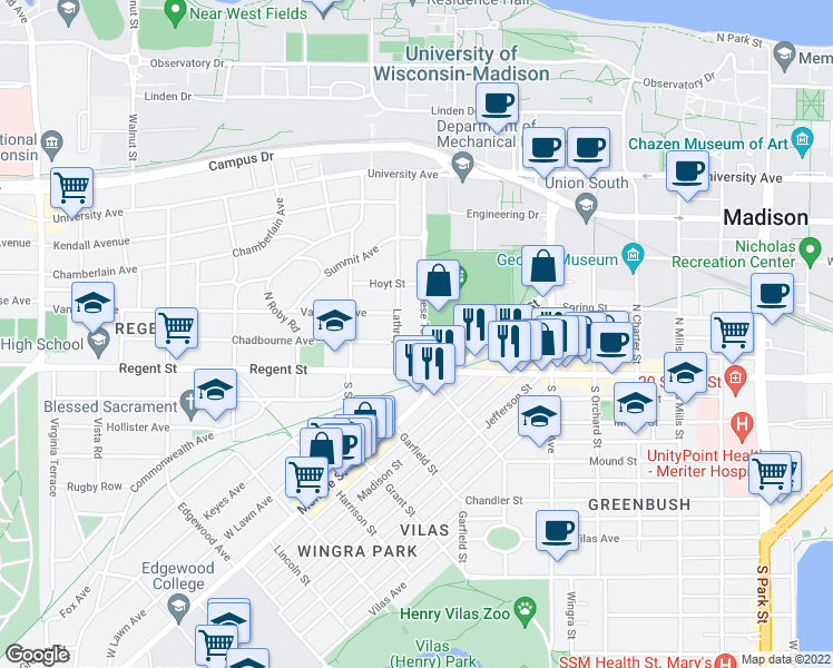 map of restaurants, bars, coffee shops, grocery stores, and more near 2460 North Breese Terrace in Madison