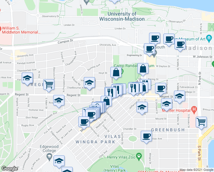 map of restaurants, bars, coffee shops, grocery stores, and more near 103 Lathrop Street in Madison
