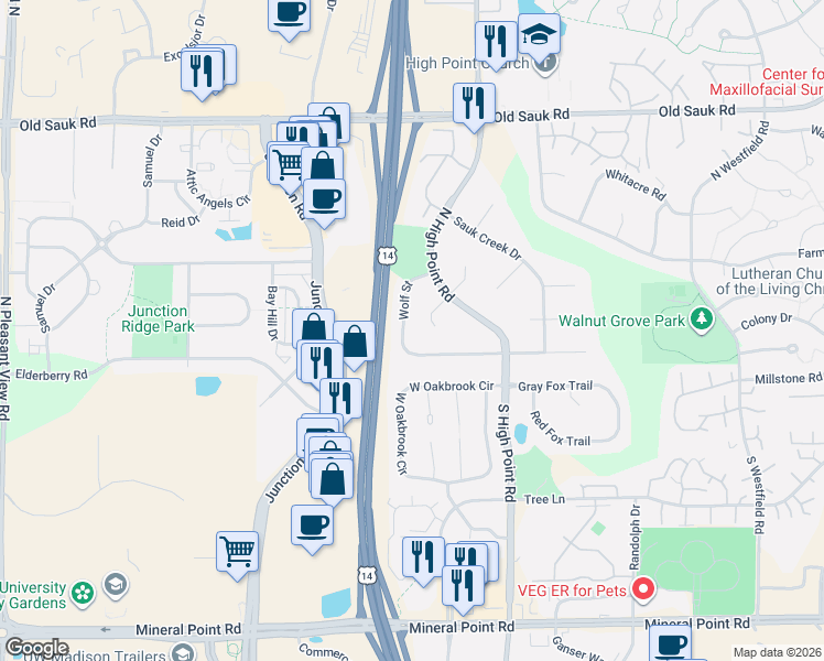 map of restaurants, bars, coffee shops, grocery stores, and more near 213 Wolf Street in Madison