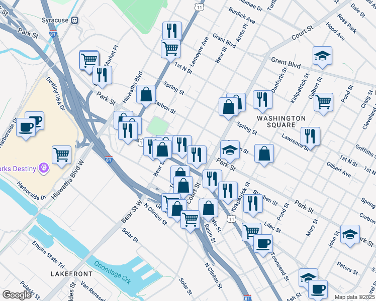 map of restaurants, bars, coffee shops, grocery stores, and more near 405 Turtle Street in Syracuse