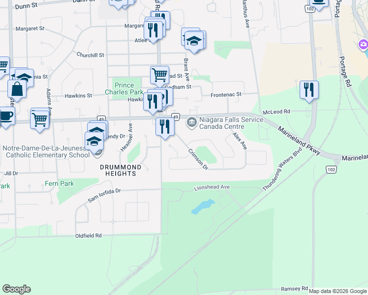 map of restaurants, bars, coffee shops, grocery stores, and more near 6096 Crimson Drive in Niagara Falls