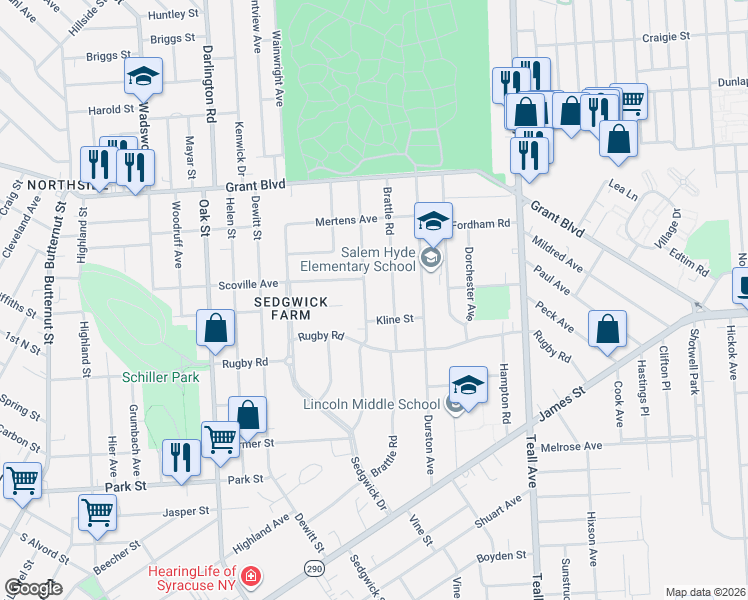 map of restaurants, bars, coffee shops, grocery stores, and more near 340 Wendell Terrace in Syracuse
