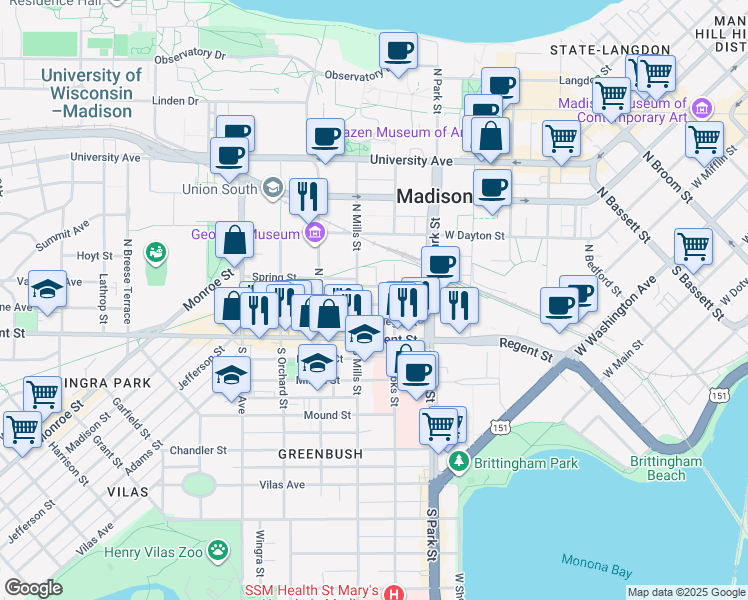 map of restaurants, bars, coffee shops, grocery stores, and more near 1 Gerry Court in Madison