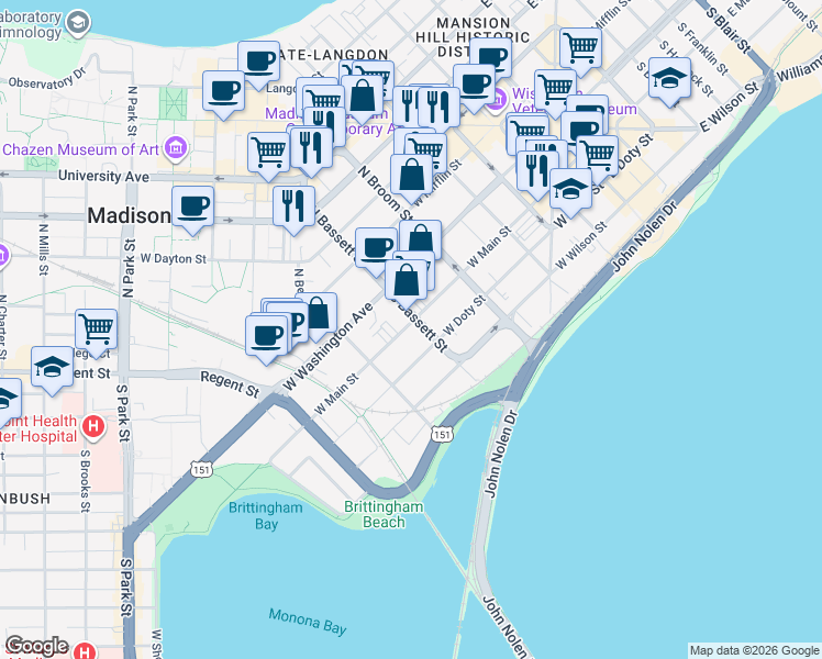 map of restaurants, bars, coffee shops, grocery stores, and more near 517 West Main Street in Madison