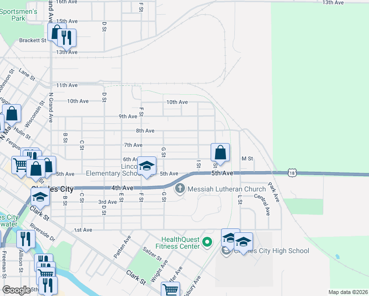 map of restaurants, bars, coffee shops, grocery stores, and more near 801 7th Avenue in Charles City