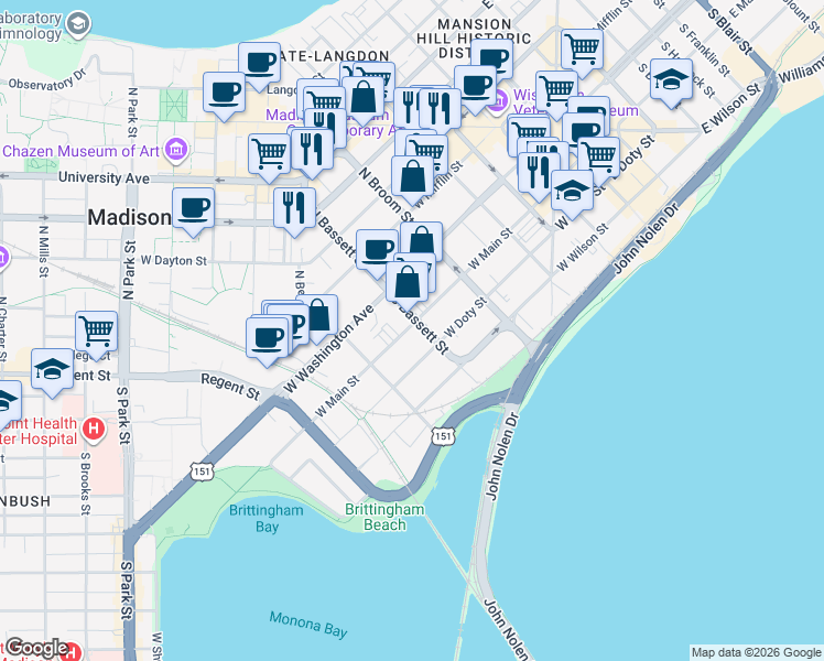 map of restaurants, bars, coffee shops, grocery stores, and more near 41 South Bassett Street in Madison