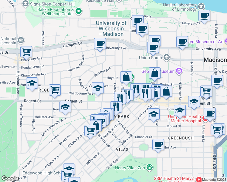 map of restaurants, bars, coffee shops, grocery stores, and more near 20 Lathrop Street in Madison
