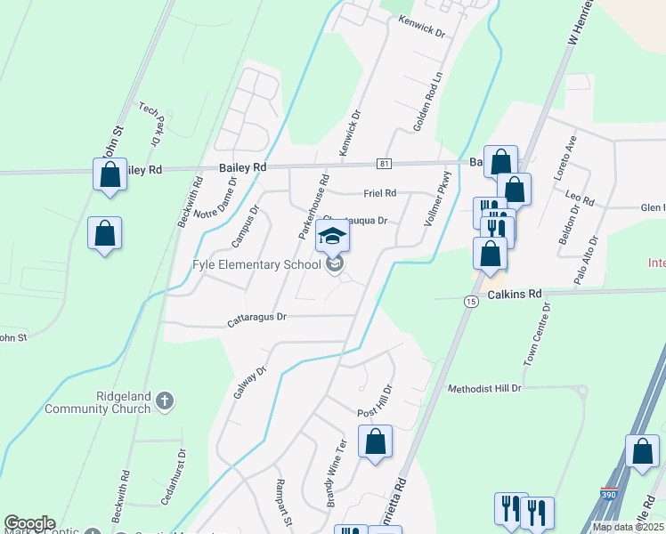 map of restaurants, bars, coffee shops, grocery stores, and more near 133 Vollmer Parkway in Rochester