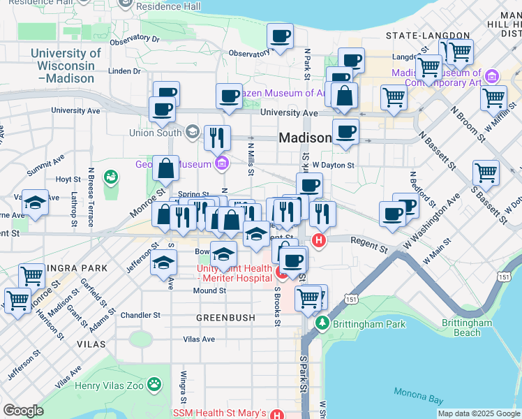 map of restaurants, bars, coffee shops, grocery stores, and more near 1020 Fahrenbrook Court in Madison