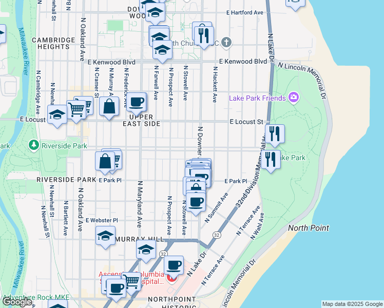 map of restaurants, bars, coffee shops, grocery stores, and more near 2517 East Newberry Boulevard in Milwaukee