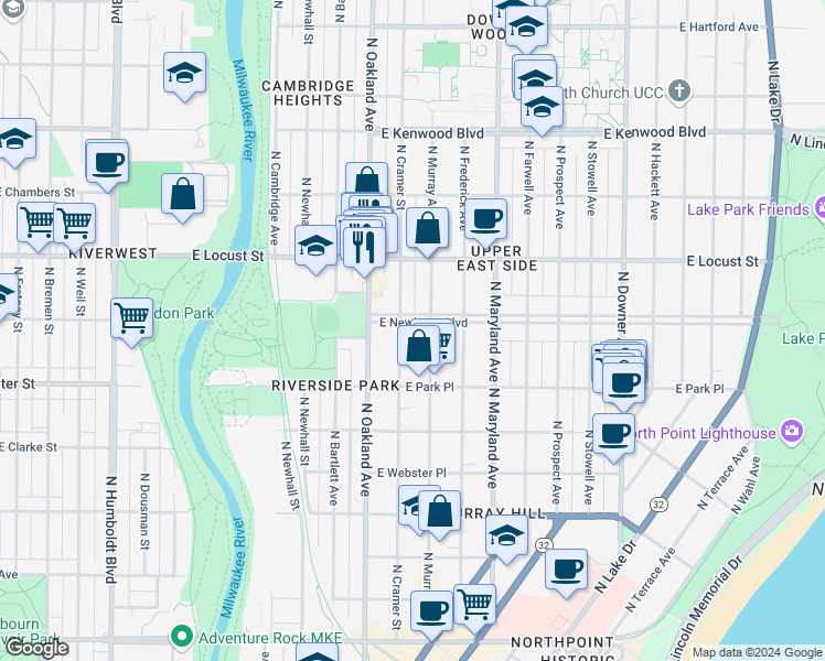 map of restaurants, bars, coffee shops, grocery stores, and more near 1915 East Newberry Boulevard in Milwaukee