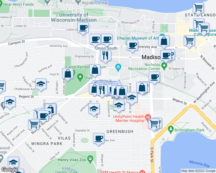 map of restaurants, bars, coffee shops, grocery stores, and more near 42 North Orchard Street in Madison