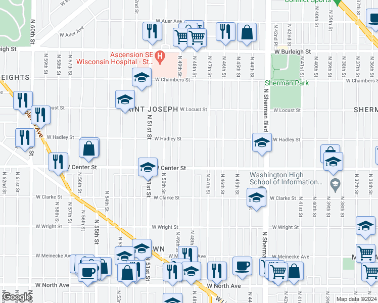 map of restaurants, bars, coffee shops, grocery stores, and more near 2745 North 48th Street in Milwaukee