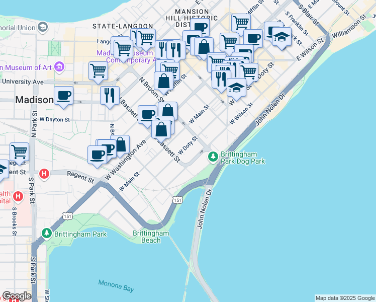 map of restaurants, bars, coffee shops, grocery stores, and more near 431 West Doty Street in Madison