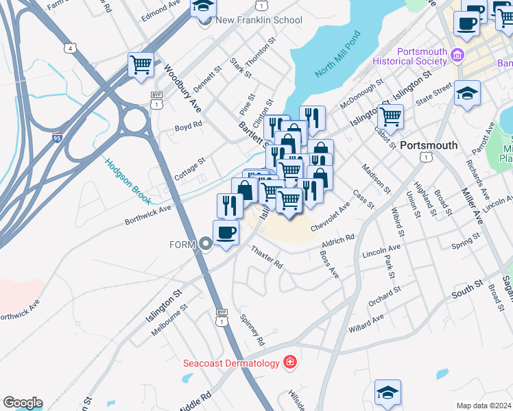 map of restaurants, bars, coffee shops, grocery stores, and more near 801 Islington Street in Portsmouth