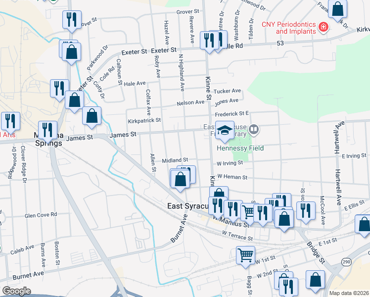 map of restaurants, bars, coffee shops, grocery stores, and more near in Onondaga County