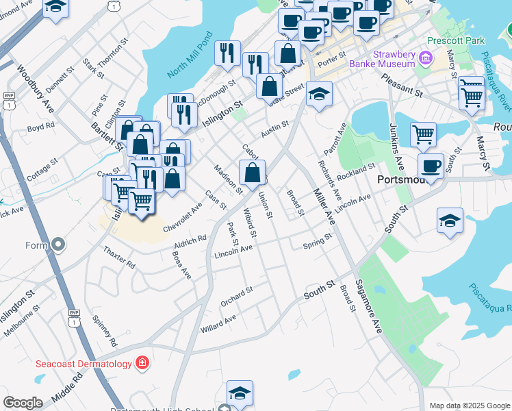 map of restaurants, bars, coffee shops, grocery stores, and more near 286 Union Street in Portsmouth