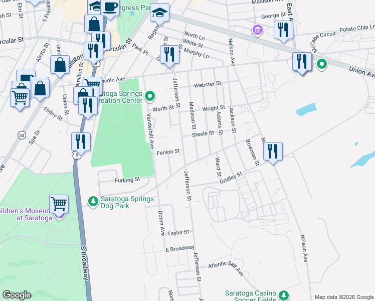 map of restaurants, bars, coffee shops, grocery stores, and more near 115 Madison Street in Saratoga Springs