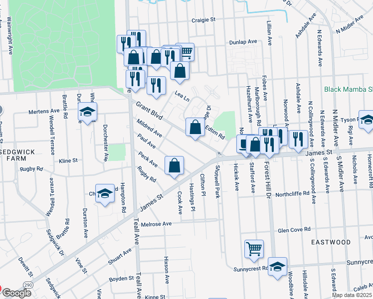 map of restaurants, bars, coffee shops, grocery stores, and more near 214 Mildred Avenue in Syracuse