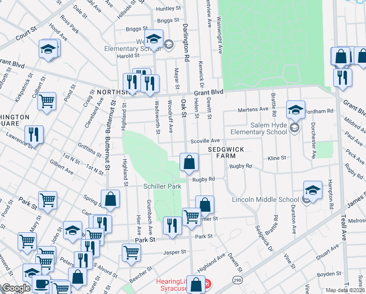 map of restaurants, bars, coffee shops, grocery stores, and more near 1303-05 Oak Street in Syracuse