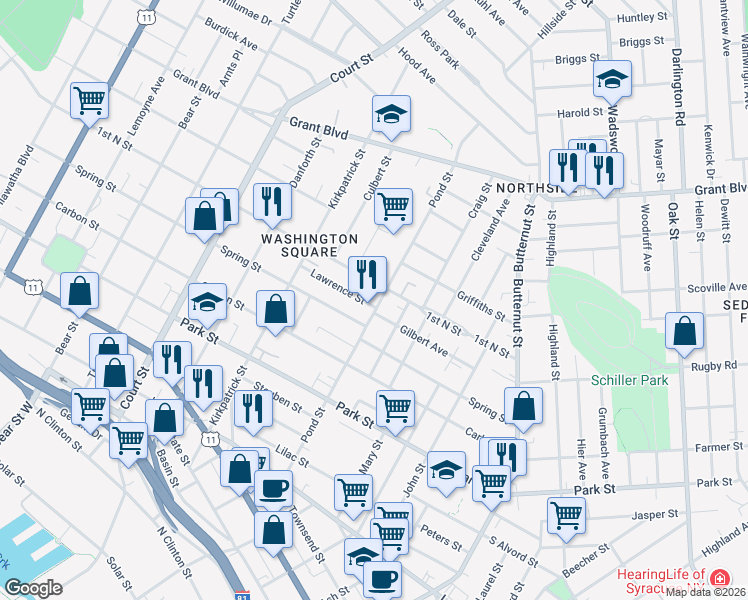 map of restaurants, bars, coffee shops, grocery stores, and more near in Syracuse