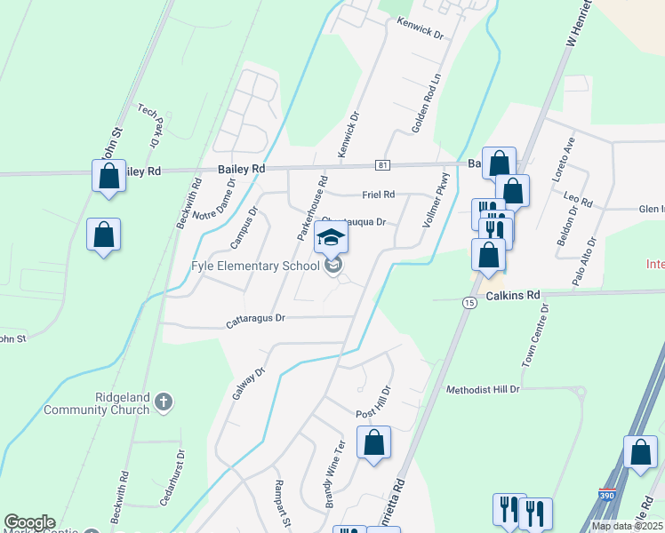 map of restaurants, bars, coffee shops, grocery stores, and more near 133 Vollmer Pkwy in Rochester