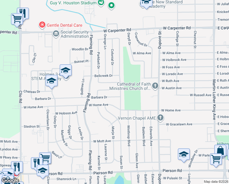 map of restaurants, bars, coffee shops, grocery stores, and more near 1306 Lillian Drive in Flint
