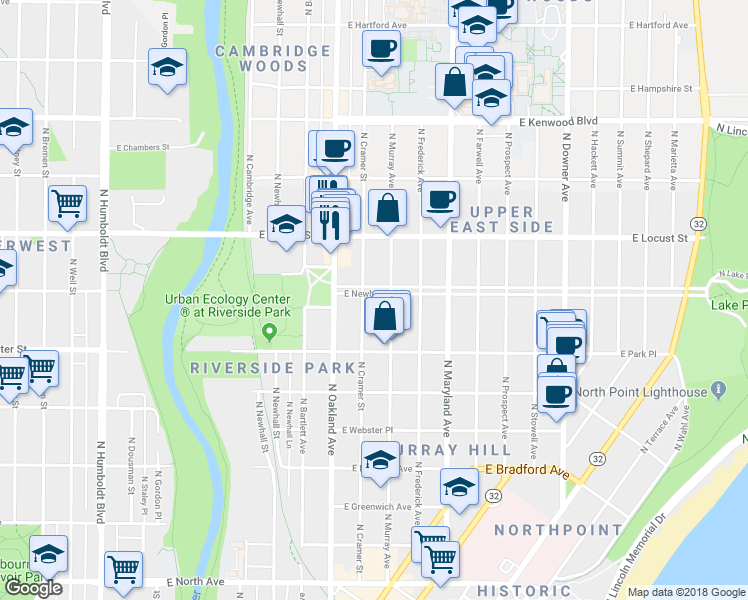 map of restaurants, bars, coffee shops, grocery stores, and more near in Milwaukee