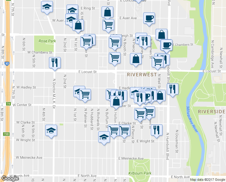 map of restaurants, bars, coffee shops, grocery stores, and more near 450 East Hadley Street in Milwaukee