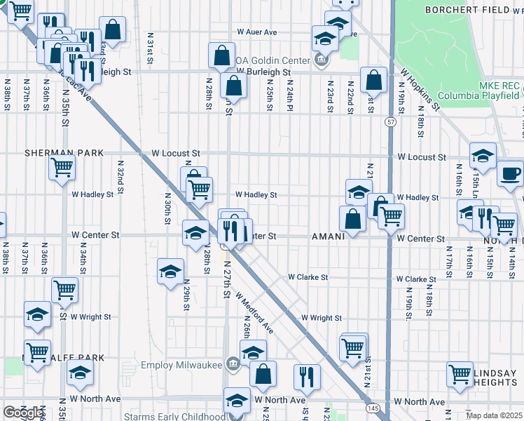 map of restaurants, bars, coffee shops, grocery stores, and more near 2773 North 25th Street in Milwaukee