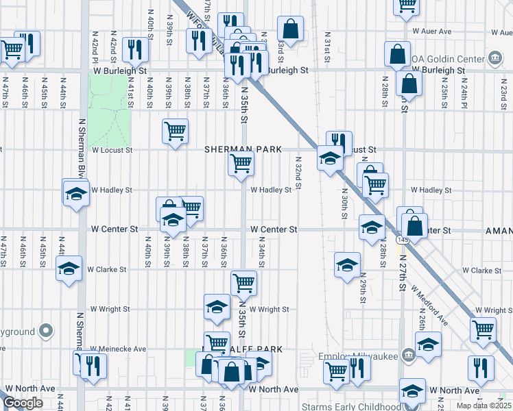 map of restaurants, bars, coffee shops, grocery stores, and more near 2772 North 35th Street in Milwaukee