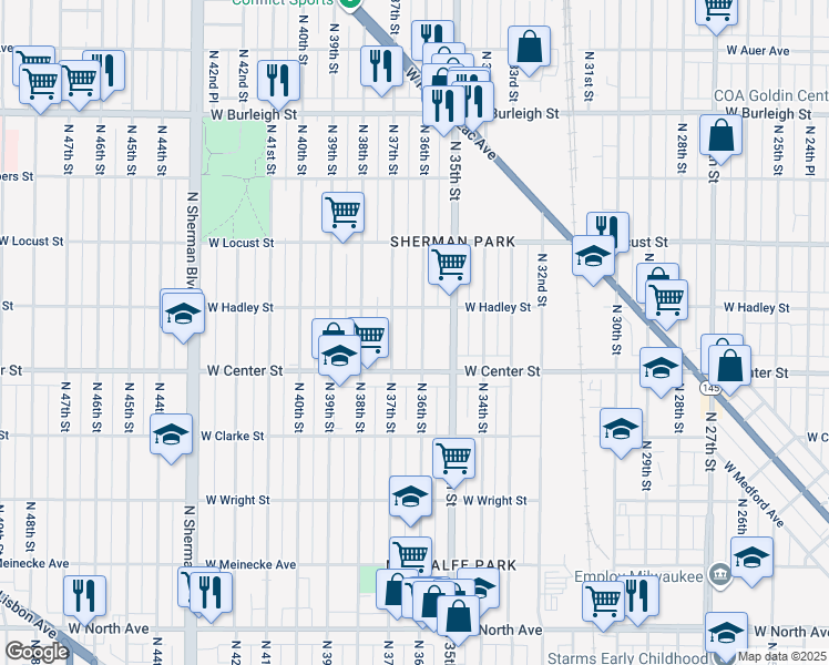 map of restaurants, bars, coffee shops, grocery stores, and more near 2779 North 36th Street in Milwaukee