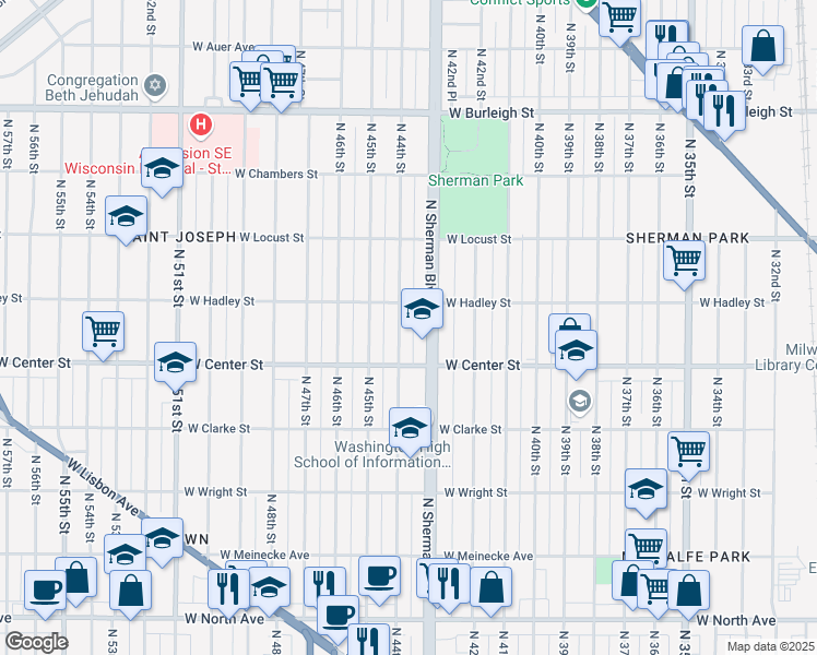 map of restaurants, bars, coffee shops, grocery stores, and more near 2771 North 44th Street in Milwaukee